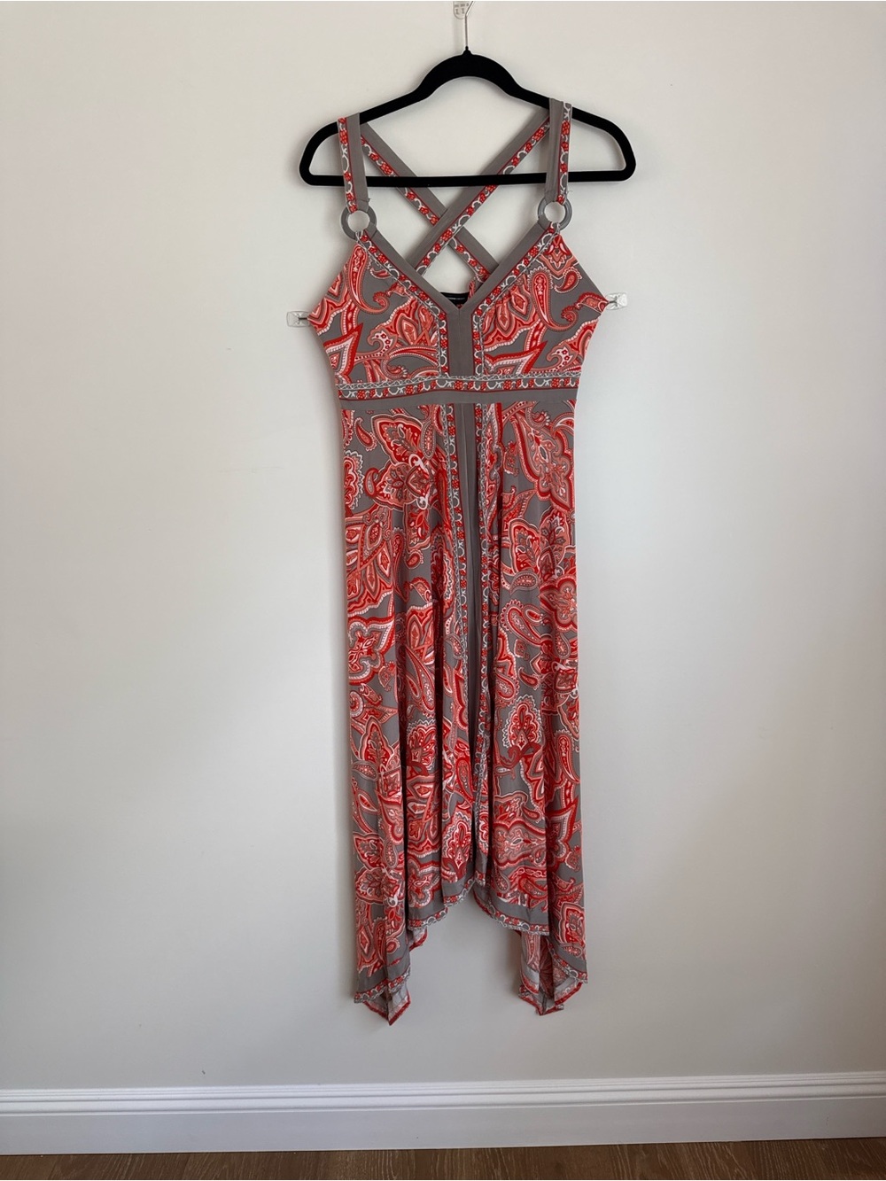 Women’s Coral Paisley Handkerchief Hem Dress with Crisscross Straps